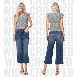 New Judy Blue HW Embroidered Pocket Cropped Wide Leg Jeans